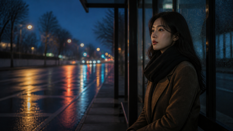 비 오는 저녁 버스 정류장의 인물