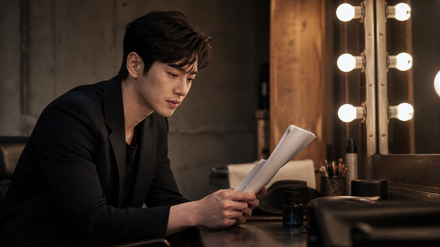 대본을 읽는 배우의 백스테이지 장면